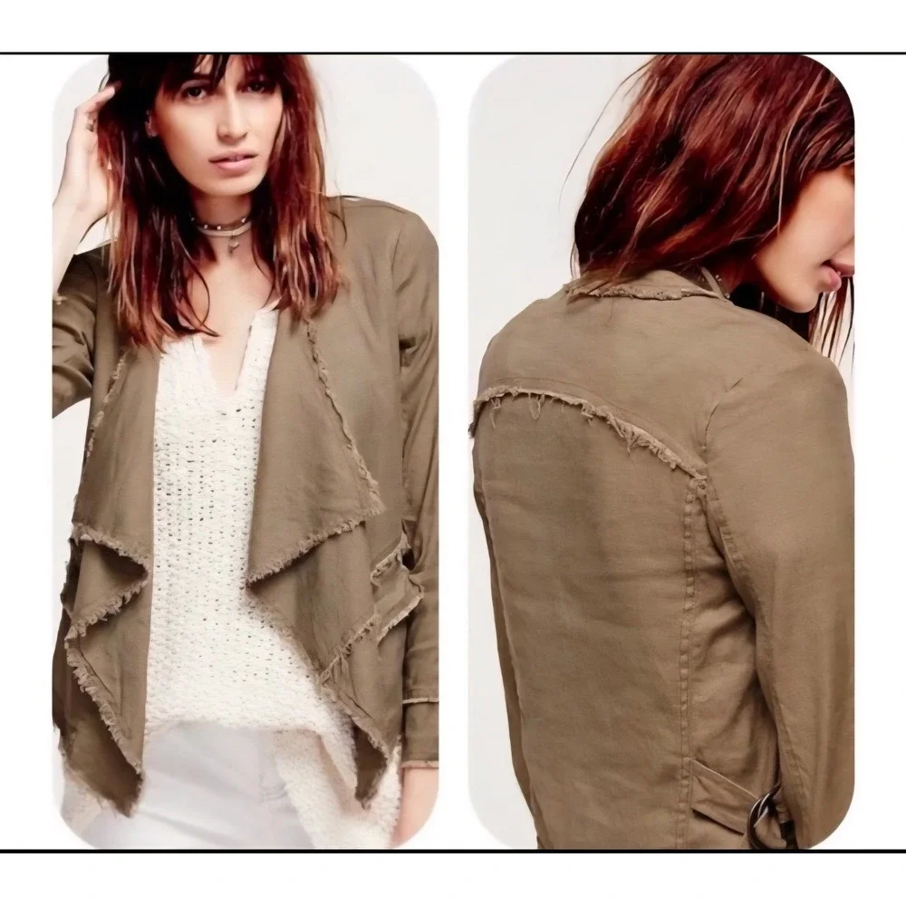 Free People Drape Front Raw Edge Linen Jacket Olive Taupe Large Boho